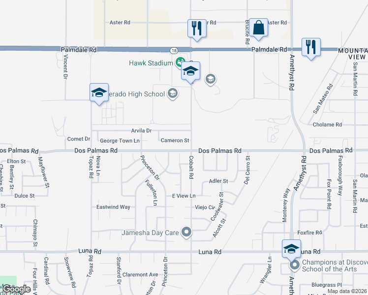 map of restaurants, bars, coffee shops, grocery stores, and more near 13270 Dos Palmas Road in Victorville