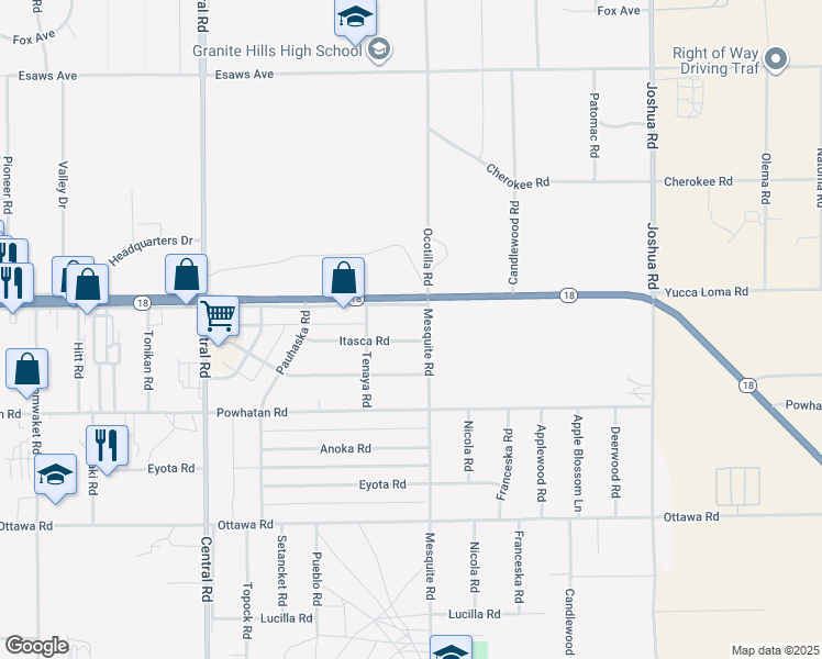 map of restaurants, bars, coffee shops, grocery stores, and more near 22870 Itasca Road in Apple Valley