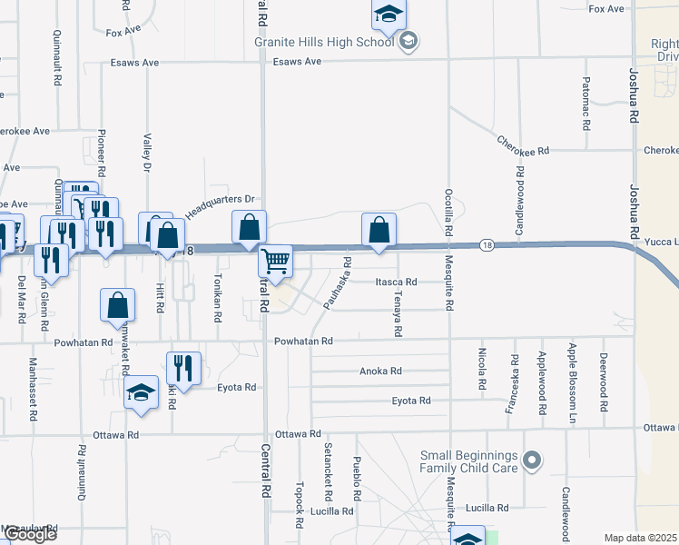 map of restaurants, bars, coffee shops, grocery stores, and more near 22641 California 18 in Apple Valley