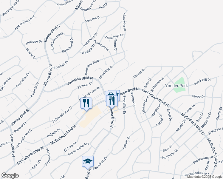 map of restaurants, bars, coffee shops, grocery stores, and more near 3647 Hattaras Lane in Lake Havasu City