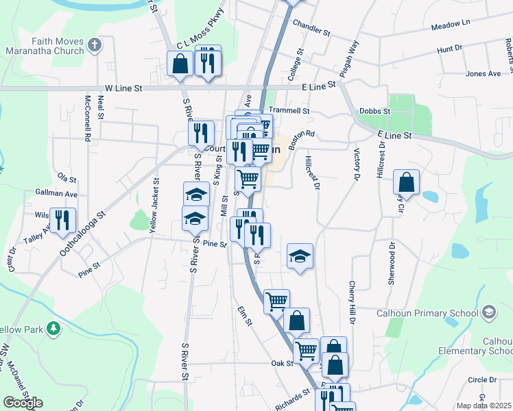 map of restaurants, bars, coffee shops, grocery stores, and more near 310 South Wall Street in Calhoun