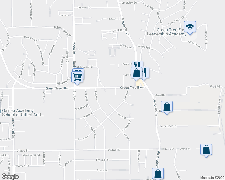map of restaurants, bars, coffee shops, grocery stores, and more near 16745 Green Tree Boulevard in Victorville