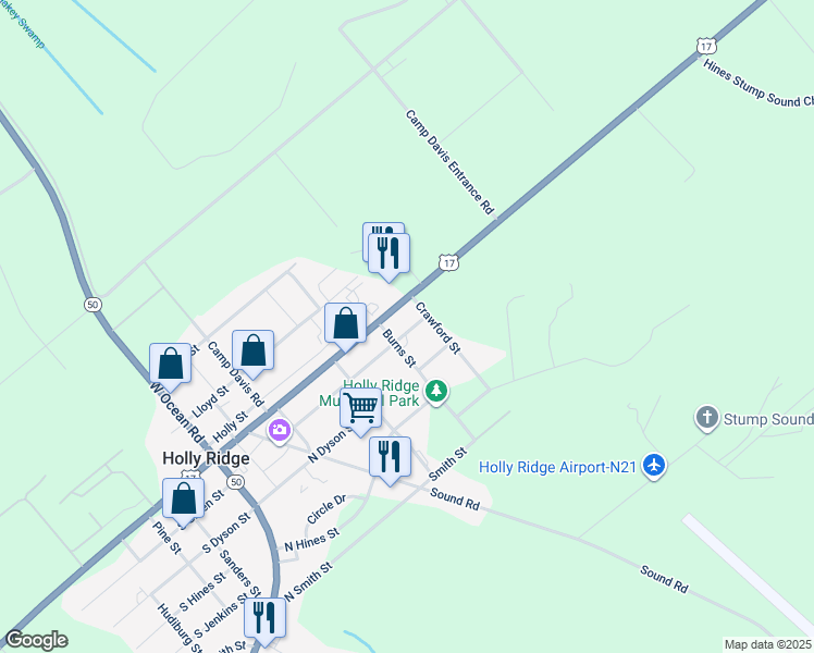map of restaurants, bars, coffee shops, grocery stores, and more near 513 North Green Street in Holly Ridge
