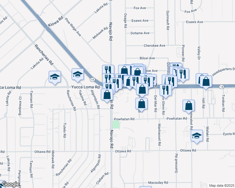 map of restaurants, bars, coffee shops, grocery stores, and more near 13663 Navajo Road in Apple Valley