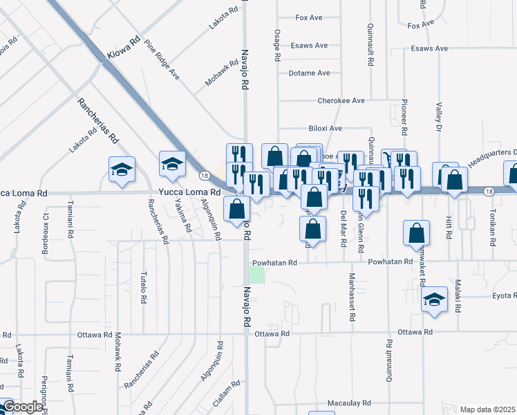 map of restaurants, bars, coffee shops, grocery stores, and more near 13663 Navajo Road in Apple Valley