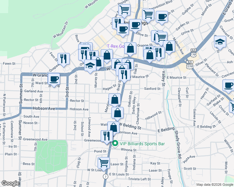 map of restaurants, bars, coffee shops, grocery stores, and more near 116 Garland Avenue in Hot Springs