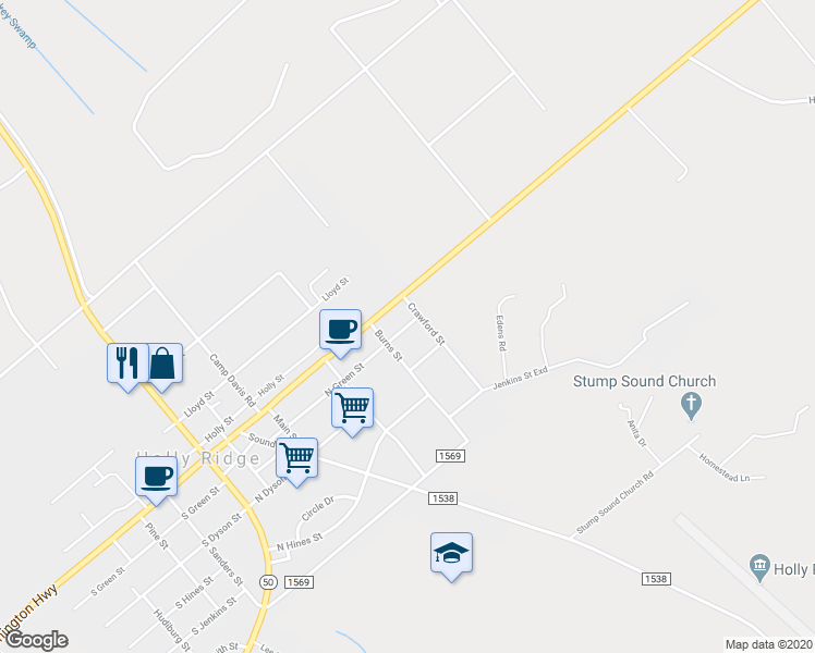 map of restaurants, bars, coffee shops, grocery stores, and more near 511 North Green Street in Holly Ridge