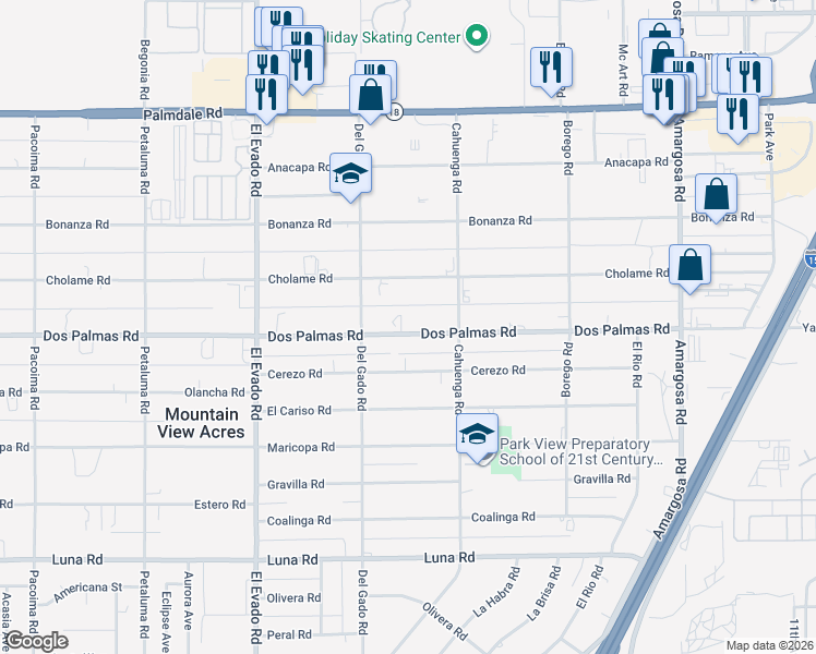 map of restaurants, bars, coffee shops, grocery stores, and more near 14798 Dos Palmas Road in Victorville