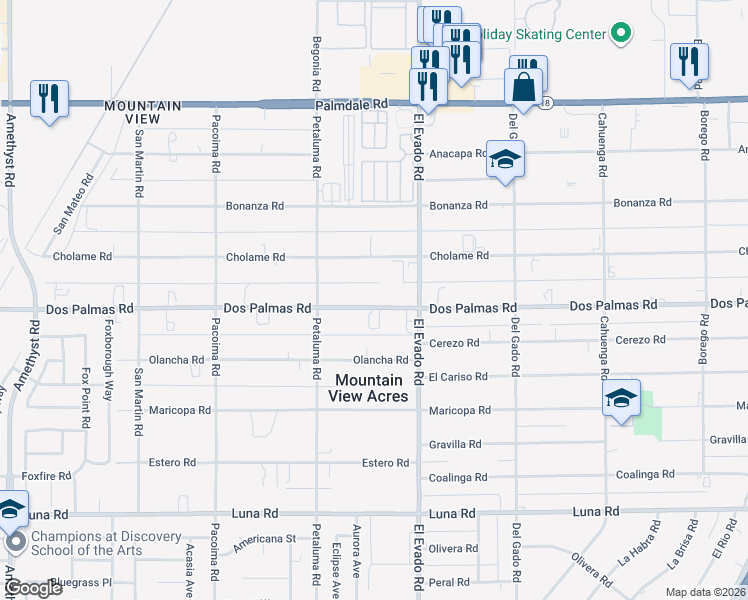 map of restaurants, bars, coffee shops, grocery stores, and more near 14420 Dos Palmas Road in Victorville