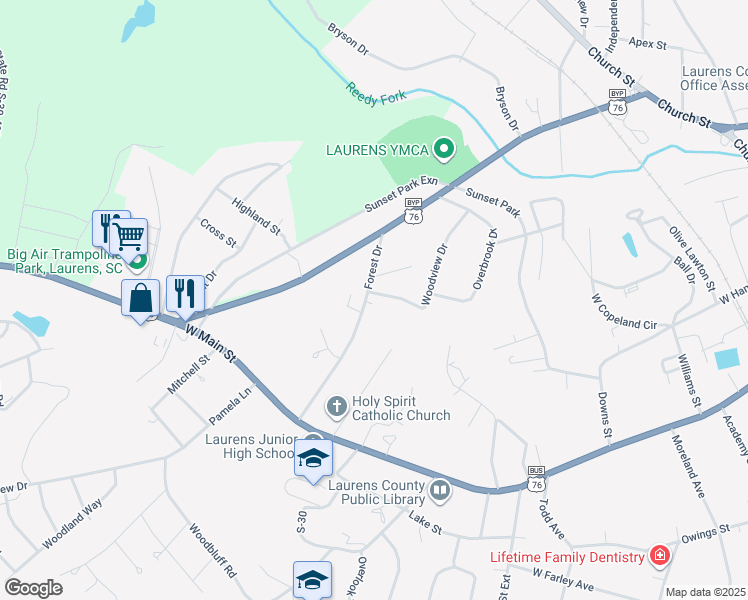 map of restaurants, bars, coffee shops, grocery stores, and more near 214 Forest Drive in Laurens