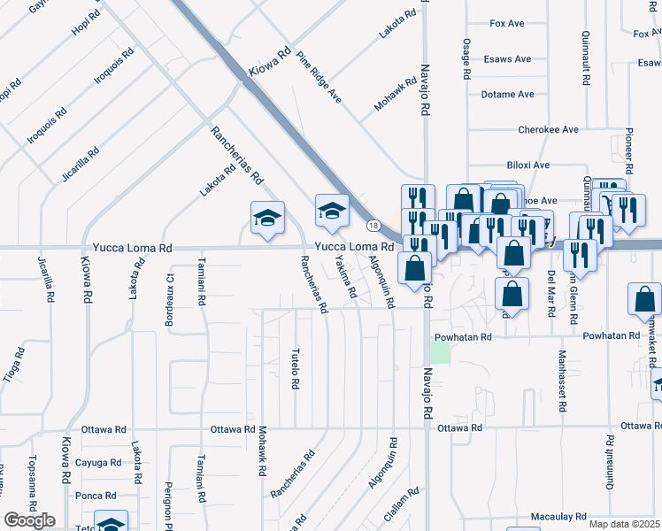 map of restaurants, bars, coffee shops, grocery stores, and more near 13652 Yakima Road in Apple Valley