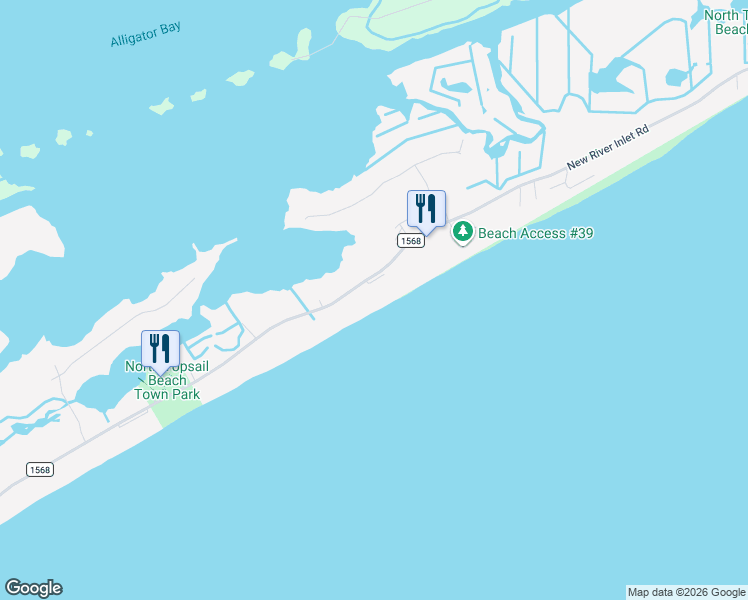 map of restaurants, bars, coffee shops, grocery stores, and more near 748 New River Inlet Road in North Topsail Beach