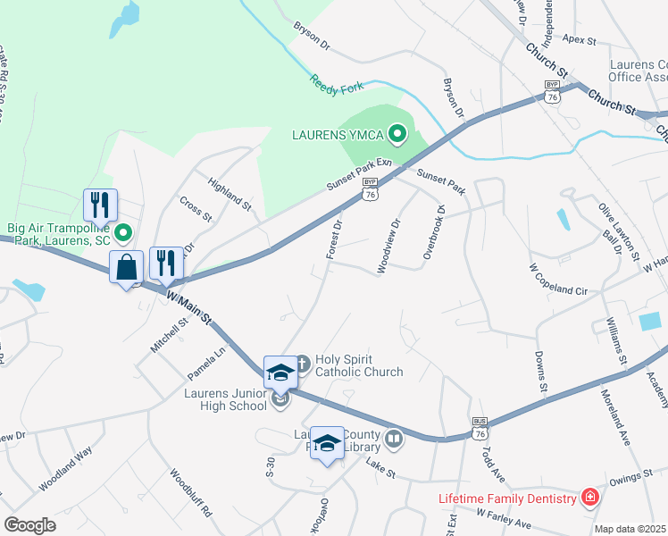 map of restaurants, bars, coffee shops, grocery stores, and more near 214 Forest Drive in Laurens