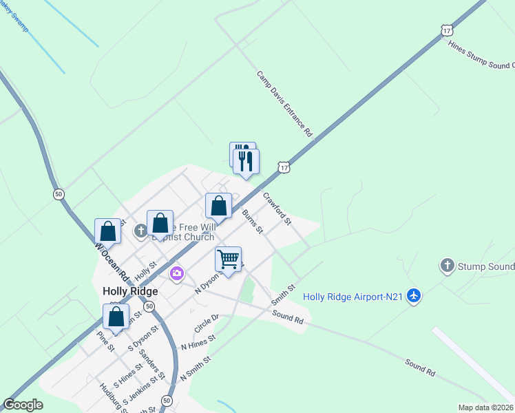 map of restaurants, bars, coffee shops, grocery stores, and more near 514 U.S. 17 in Holly Ridge