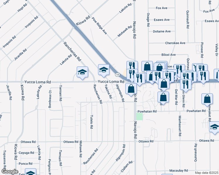 map of restaurants, bars, coffee shops, grocery stores, and more near 13655 Yakima Road in Apple Valley