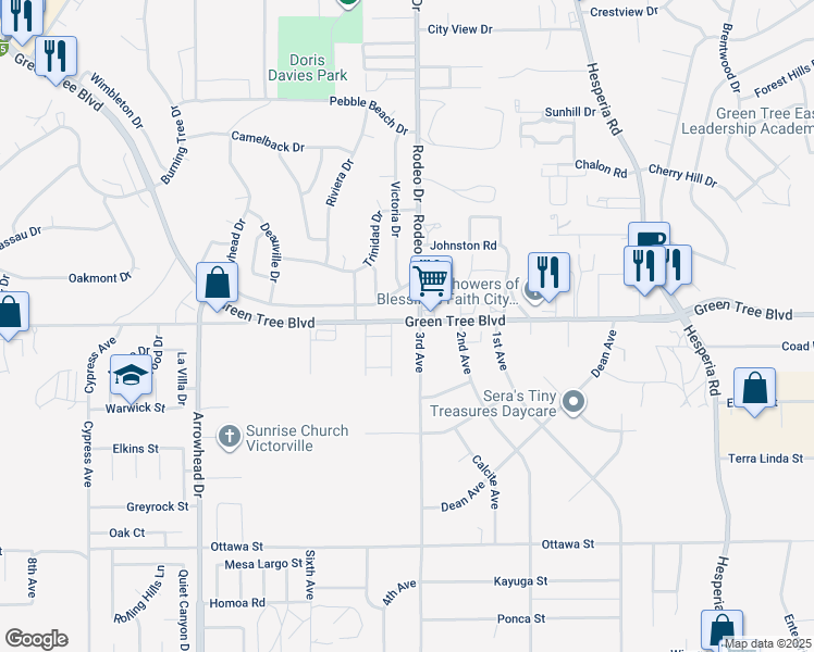 map of restaurants, bars, coffee shops, grocery stores, and more near in Victorville