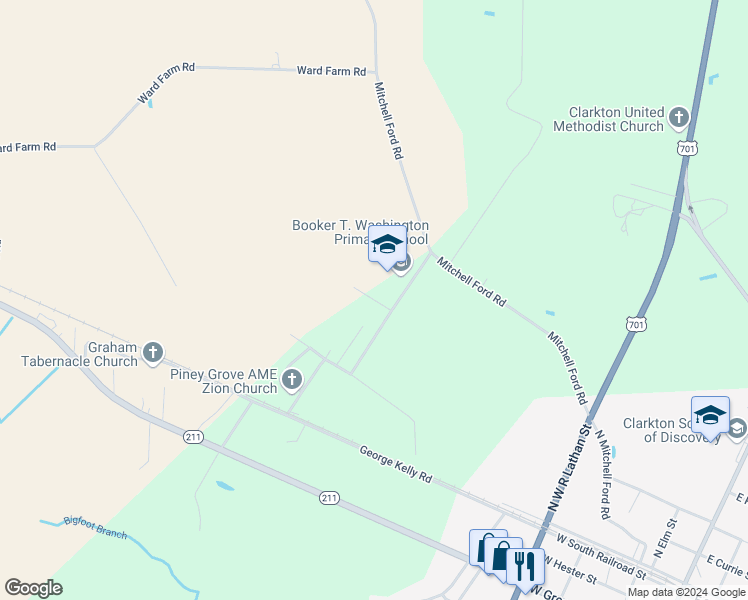 map of restaurants, bars, coffee shops, grocery stores, and more near Roscoe Lennon Road in Bladen County