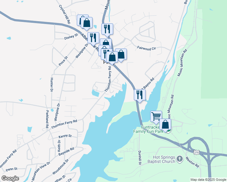 map of restaurants, bars, coffee shops, grocery stores, and more near 201 Thornton Ferry Road in Piney