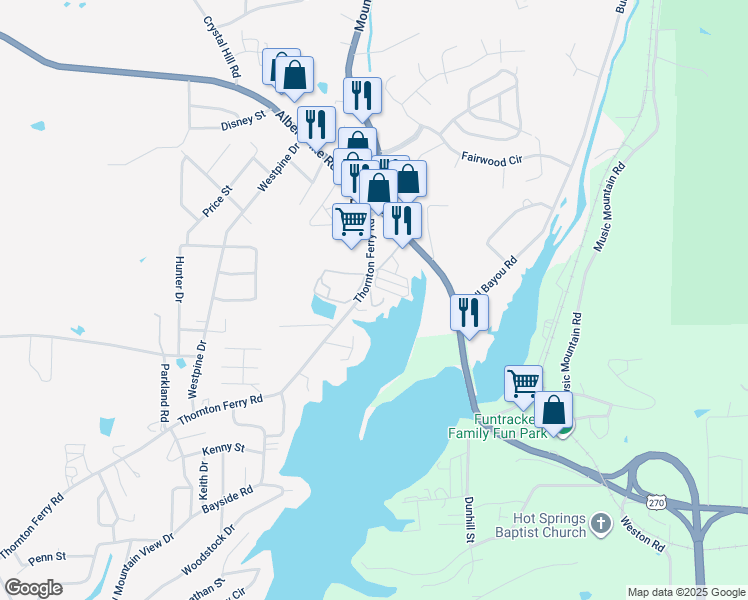 map of restaurants, bars, coffee shops, grocery stores, and more near 201 Thornton Ferry Road in Piney