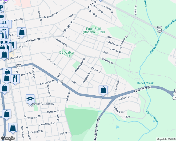 map of restaurants, bars, coffee shops, grocery stores, and more near 1014 East Market Street in Anderson