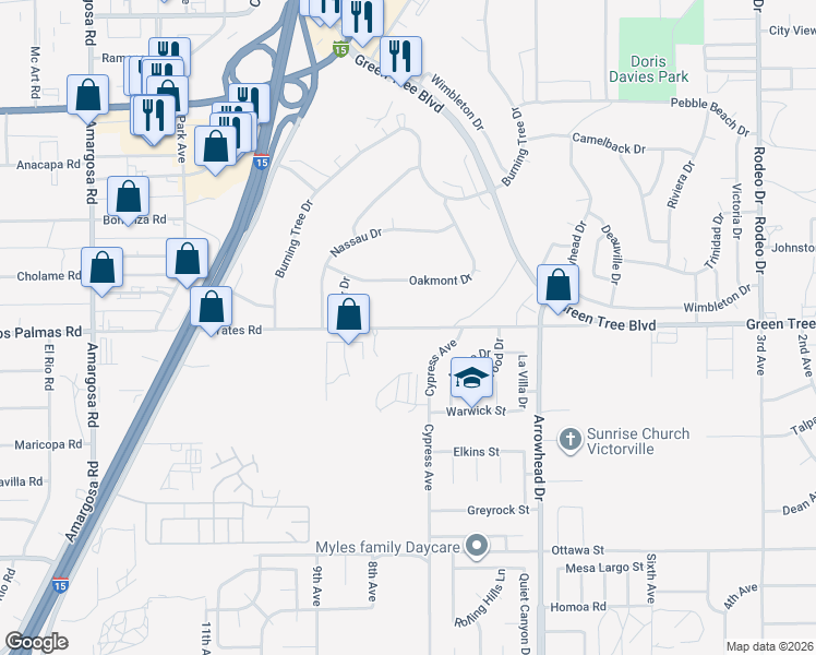 map of restaurants, bars, coffee shops, grocery stores, and more near Yates Road in Victorville