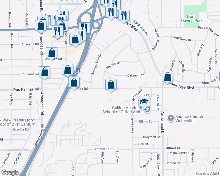 map of restaurants, bars, coffee shops, grocery stores, and more near 13701 Bel Air Drive in Victorville