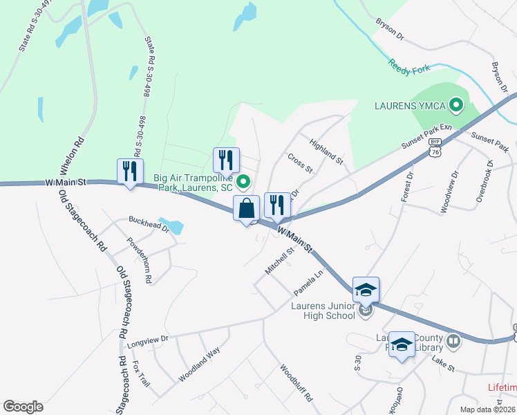 map of restaurants, bars, coffee shops, grocery stores, and more near 103 Blakely Avenue in Laurens