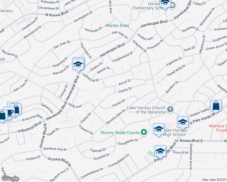 map of restaurants, bars, coffee shops, grocery stores, and more near 681 Ascot Way in Lake Havasu City