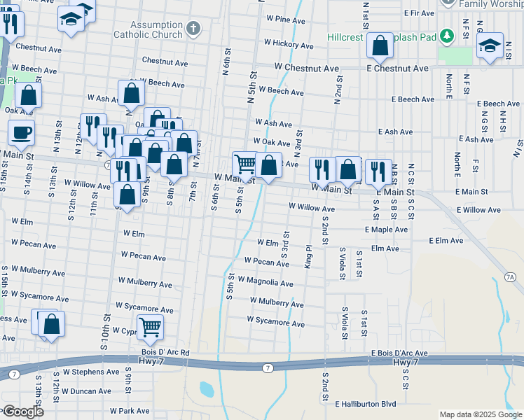 map of restaurants, bars, coffee shops, grocery stores, and more near 25 South 4th Street in Duncan
