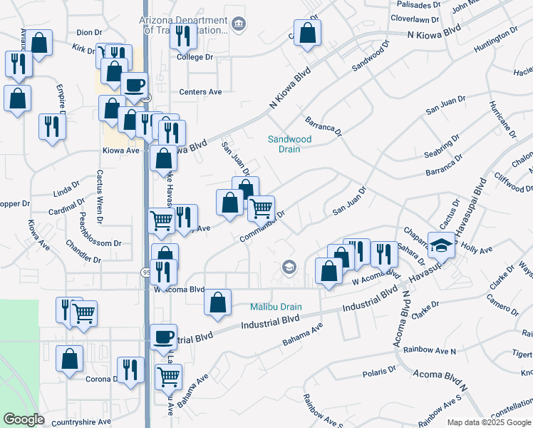 map of restaurants, bars, coffee shops, grocery stores, and more near 1969 Commander Drive in Lake Havasu City
