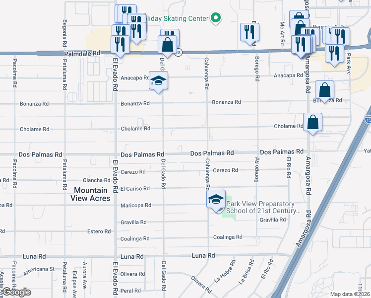 map of restaurants, bars, coffee shops, grocery stores, and more near 14798 Dos Palmas Road in Victorville