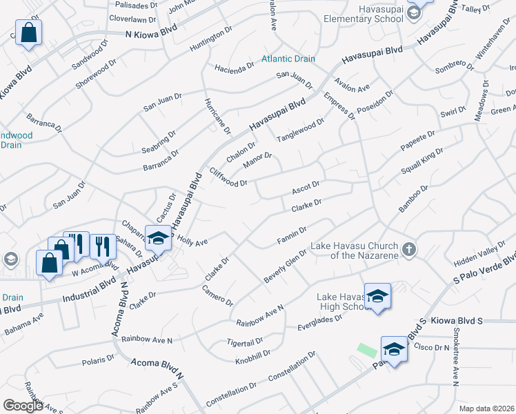 map of restaurants, bars, coffee shops, grocery stores, and more near 2528 Ascot Court in Lake Havasu City