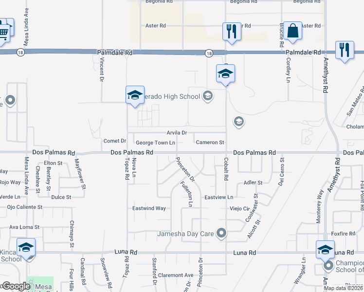 map of restaurants, bars, coffee shops, grocery stores, and more near 13125 George Town Lane in Victorville