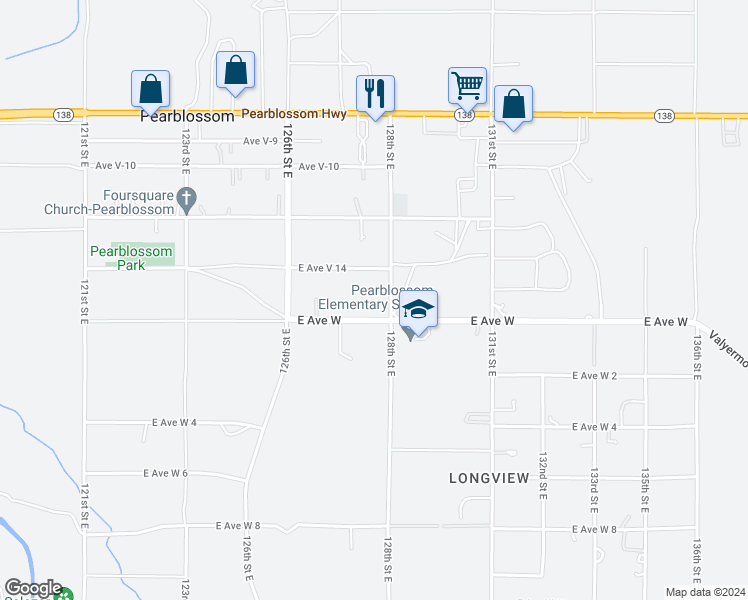 map of restaurants, bars, coffee shops, grocery stores, and more near 33819 128th Street East in Pearblossom