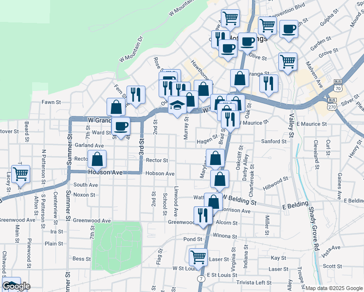 map of restaurants, bars, coffee shops, grocery stores, and more near 250 Garland Avenue in Hot Springs