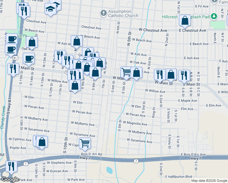 map of restaurants, bars, coffee shops, grocery stores, and more near 110 South 6th Street in Duncan