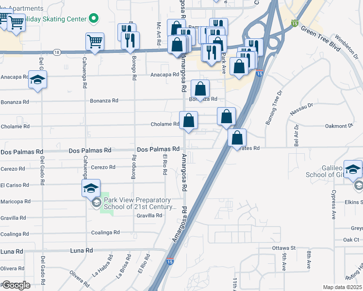 map of restaurants, bars, coffee shops, grocery stores, and more near Dos Palmas Road in Victorville