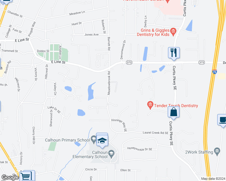 map of restaurants, bars, coffee shops, grocery stores, and more near 105 Ansley Drive in Calhoun