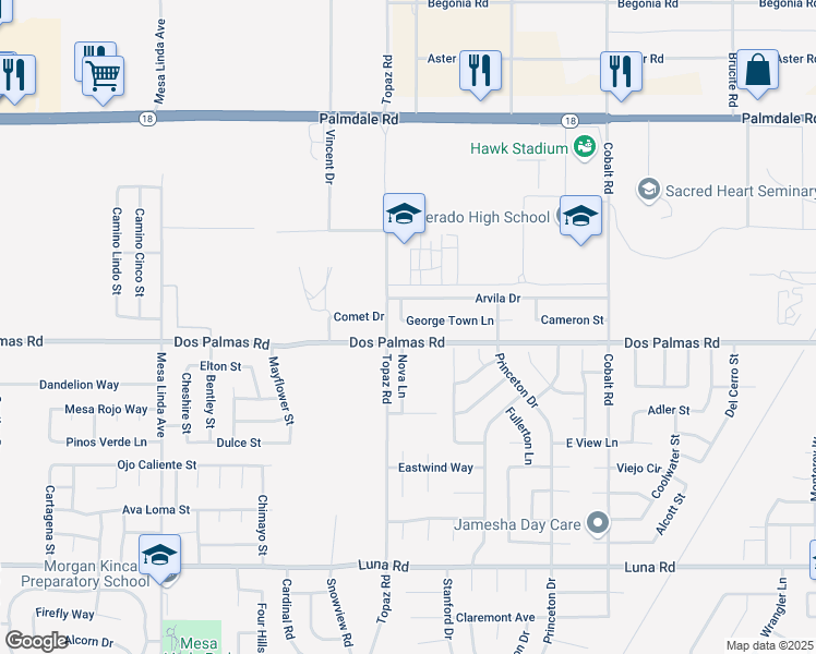 map of restaurants, bars, coffee shops, grocery stores, and more near 12923 George Town Lane in Victorville