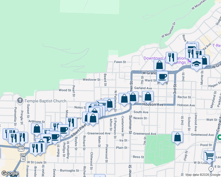 map of restaurants, bars, coffee shops, grocery stores, and more near 422 Beard Street in Hot Springs