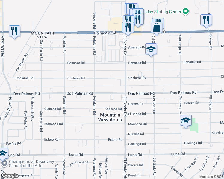 map of restaurants, bars, coffee shops, grocery stores, and more near 14420 Dos Palmas Road in Victorville