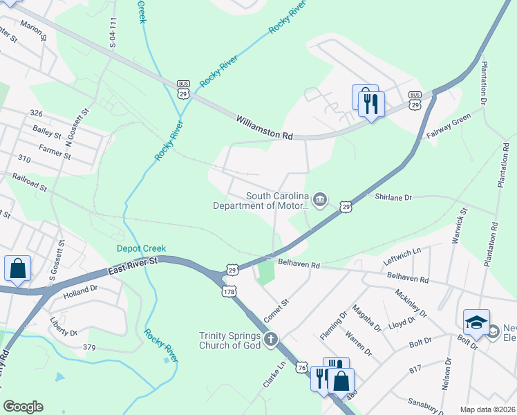 map of restaurants, bars, coffee shops, grocery stores, and more near 1008 Cox Avenue in Anderson