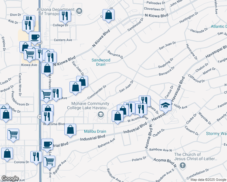 map of restaurants, bars, coffee shops, grocery stores, and more near 2097 Alta Vista Drive in Lake Havasu City