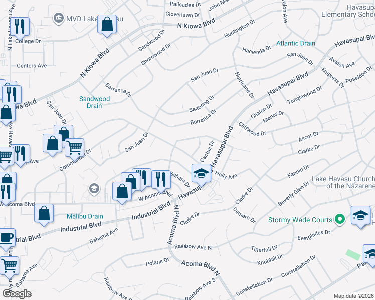 map of restaurants, bars, coffee shops, grocery stores, and more near 2271 Holly Avenue in Lake Havasu City