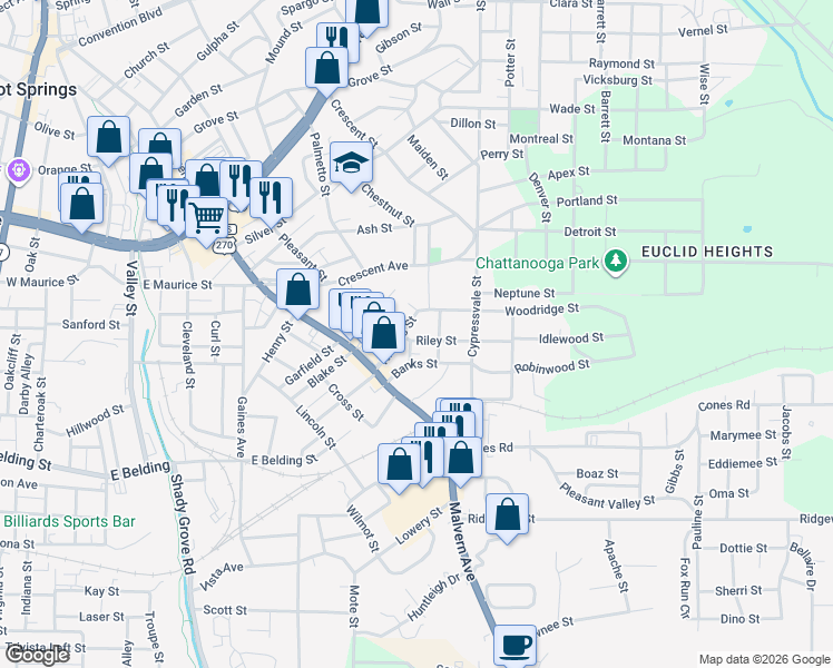 map of restaurants, bars, coffee shops, grocery stores, and more near 112 Fulton Street in Hot Springs