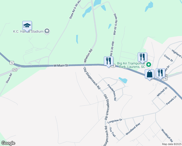 map of restaurants, bars, coffee shops, grocery stores, and more near 103 Stagecoach Road in Laurens