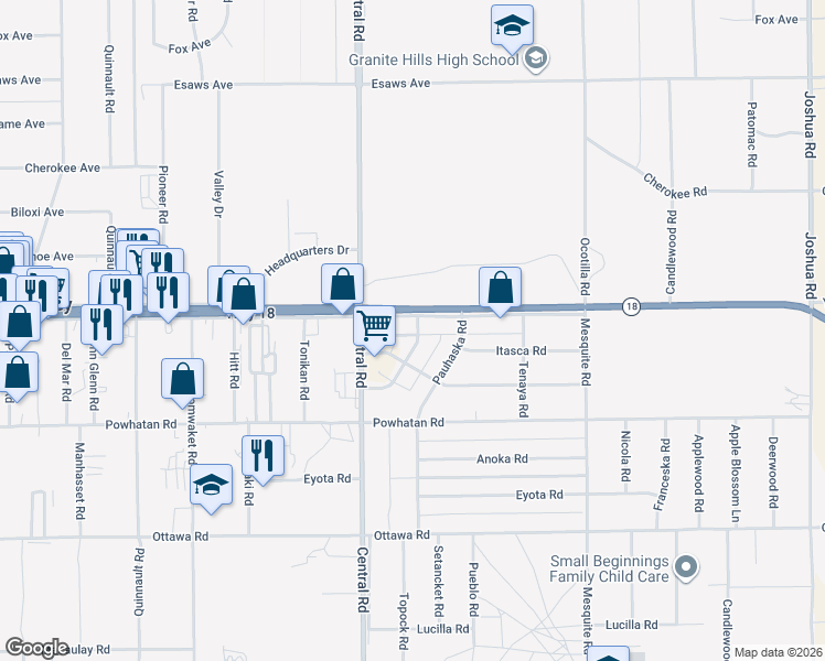 map of restaurants, bars, coffee shops, grocery stores, and more near 22589 California 18 in Apple Valley