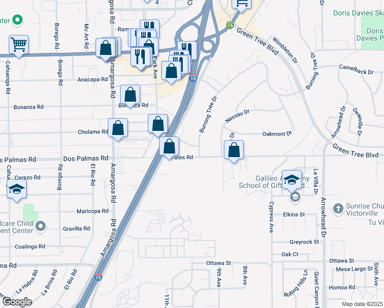 map of restaurants, bars, coffee shops, grocery stores, and more near 15496 Yates Road in Victorville