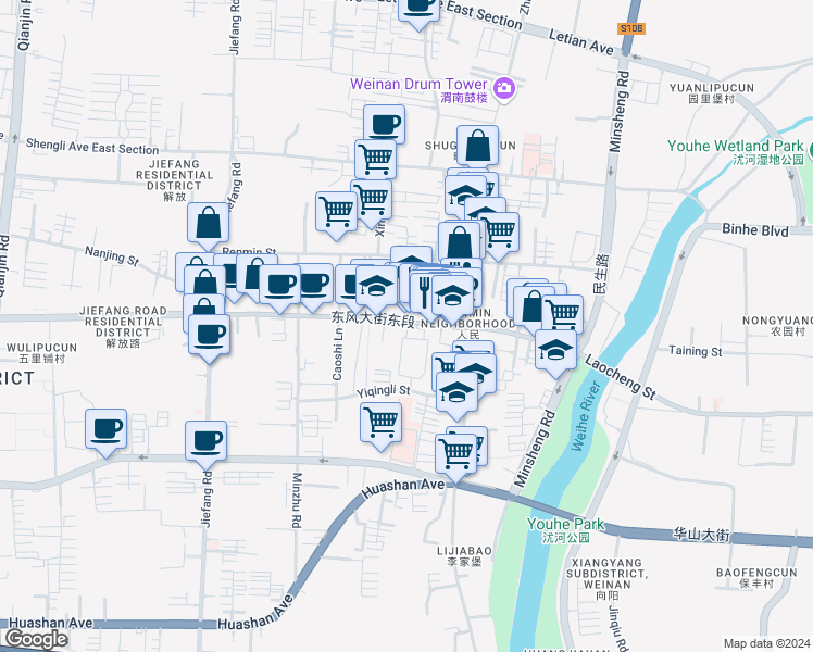 map of restaurants, bars, coffee shops, grocery stores, and more near in Weinan