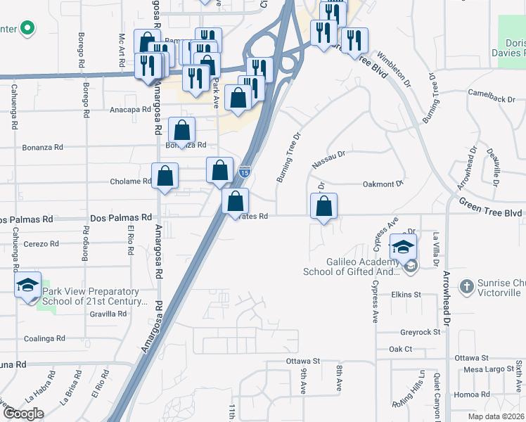 map of restaurants, bars, coffee shops, grocery stores, and more near 15486 Yates Road in Victorville